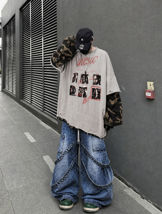 UUCSCC Retro Camo Spliced Distressed Oversized Crewneck Sweatshirt
