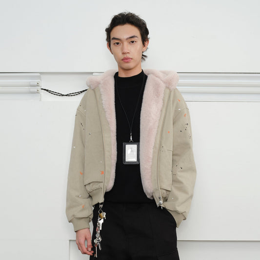 KREATE Rivet Zipper Paint-splattered Fleece-Lined Hooded Jacket
