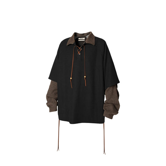 RELABEL Contrast Faux Layered Lace-Up Sweatshirt
