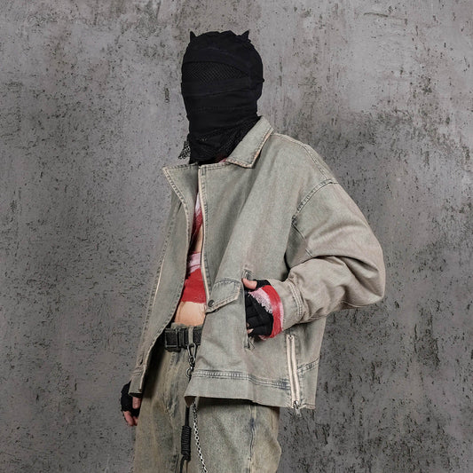 UNDERWATER Acid Wash Zipper Biker Jacket