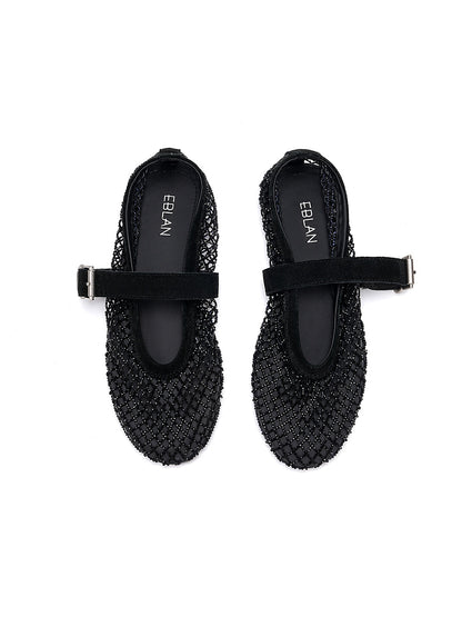 EBLAN Black Woven Mesh Mary Jane Flats