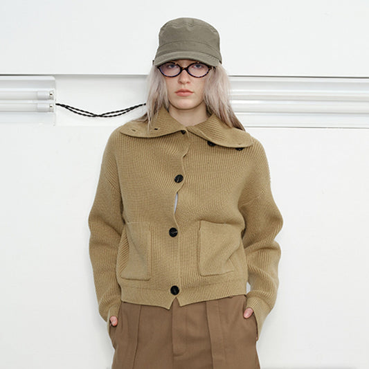 KREATE High-Collar Big-Pocket Button-Up Knitted Jacket