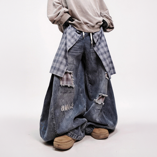 UUCSCC Distressed Layered Plaid Patch Wide-Leg Jeans