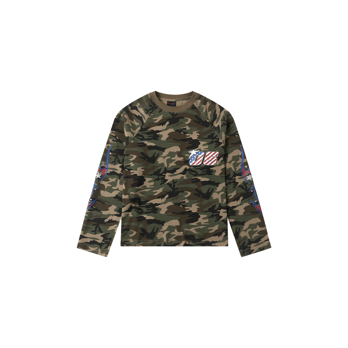 SAVAGEGROWTHWORLD Camo Waffle Knit Graphic Long-Sleeve Tee