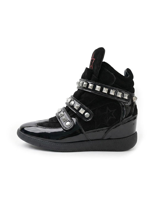 Black Retro Cowhide Wedge Shoes with Studs