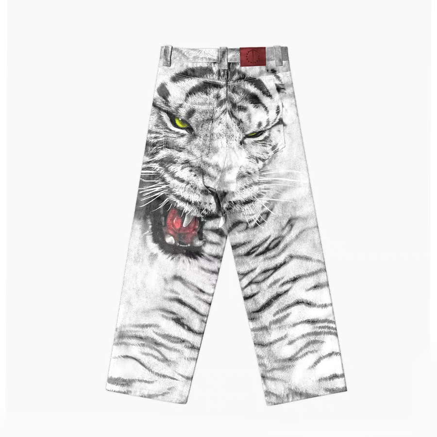 TECNINEGROUP Waxed White Tiger Full-Print Pants