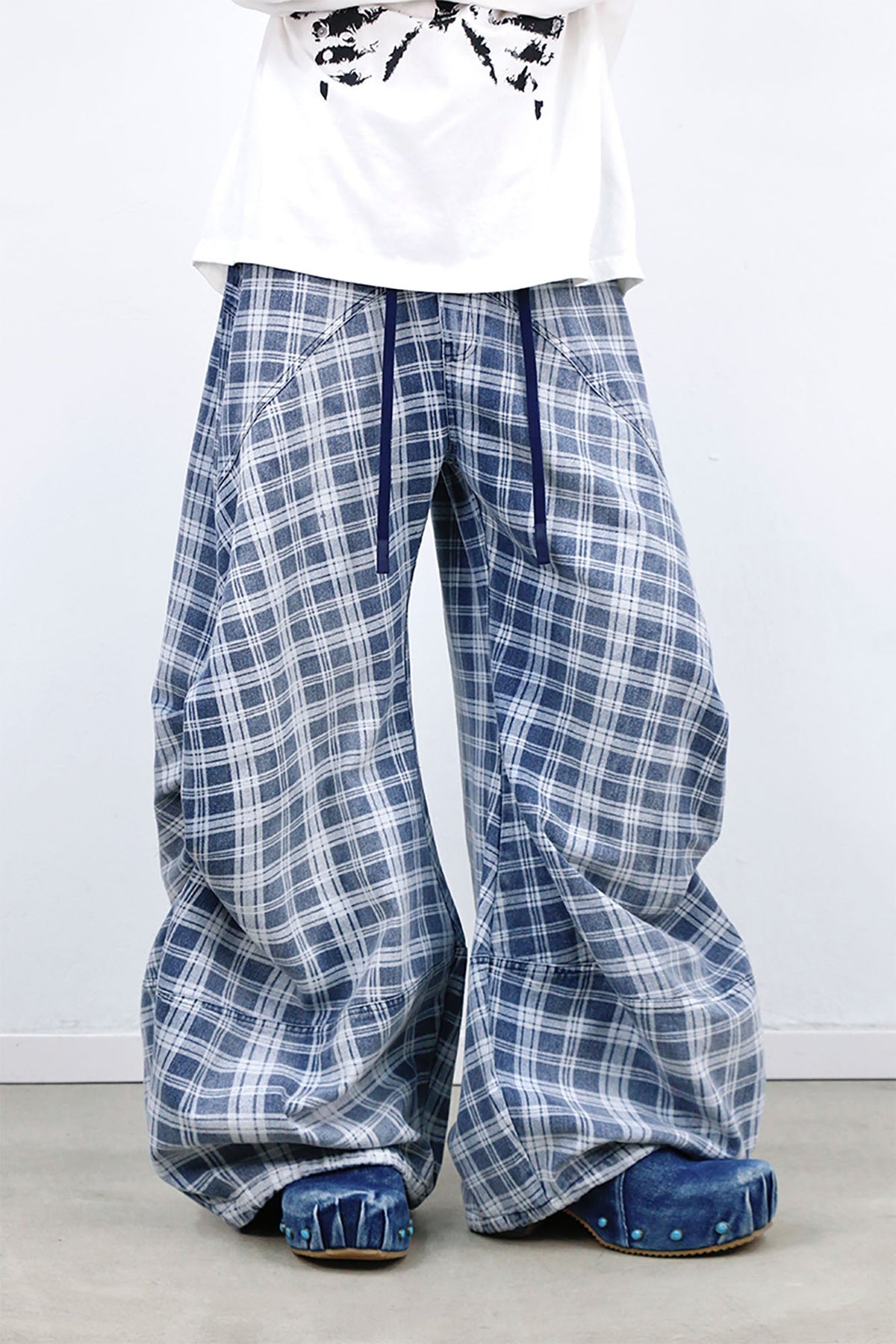 RELABEL Washed Plaid Paneled Oversized Jeans