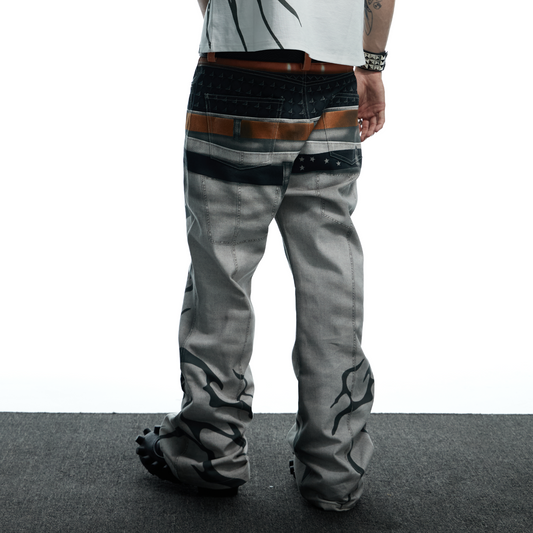 DND4DES Distressed Print Double-Waist Flare Jeans White