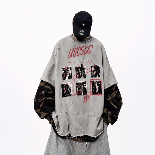 UUCSCC Retro Camo Spliced Distressed Oversized Crewneck Sweatshirt