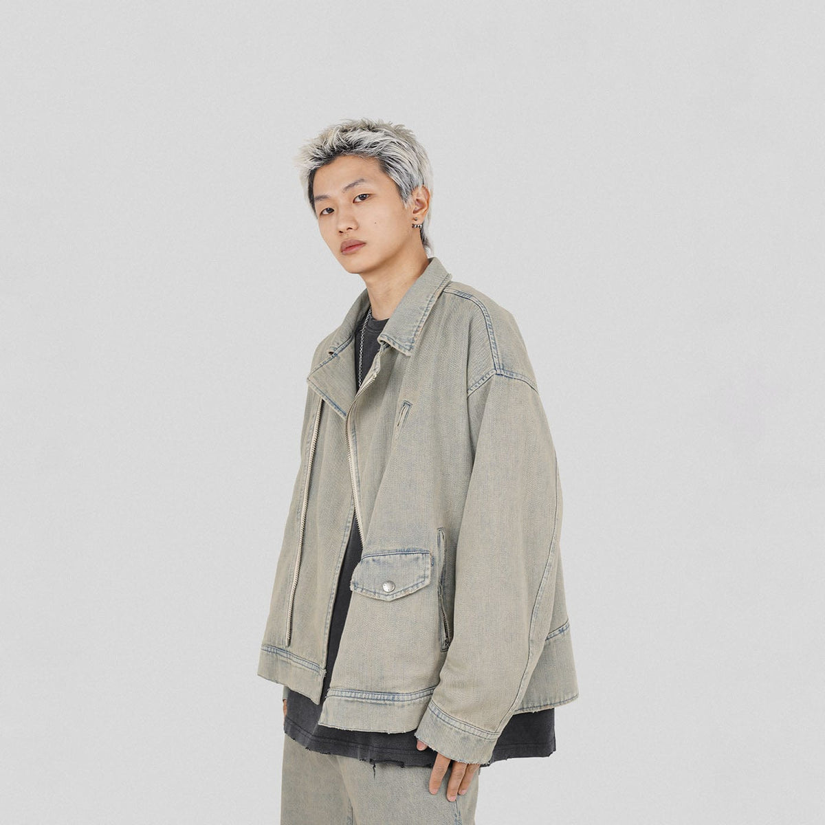 UNDERWATER Acid Wash Zipper Biker Jacket