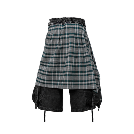 RELABEL Detachable Plaid Drape Oversized Denim Shorts