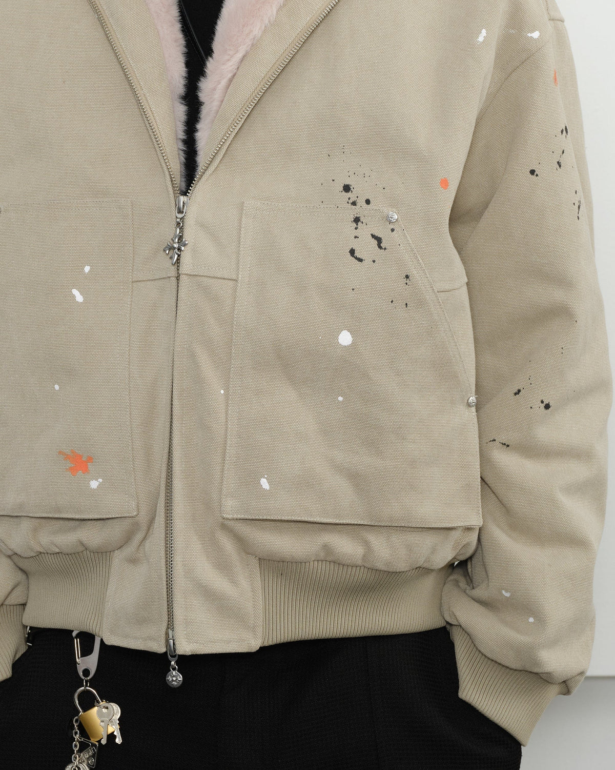 KREATE Rivet Zipper Paint-splattered Fleece-Lined Hooded Jacket
