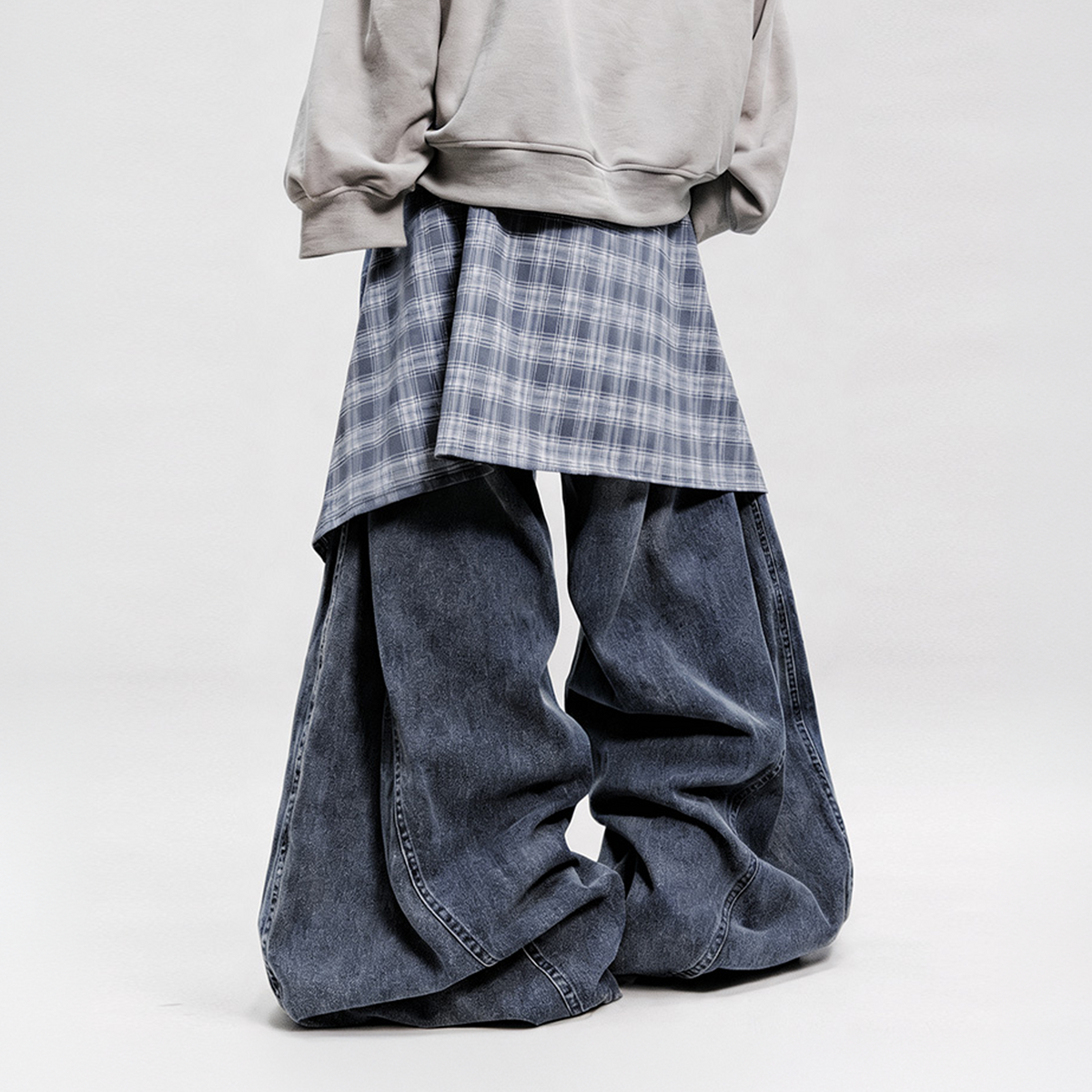 UUCSCC Distressed Layered Plaid Patch Wide-Leg Jeans