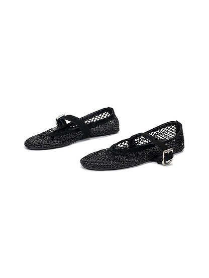 EBLAN Black Woven Mesh Mary Jane Flats