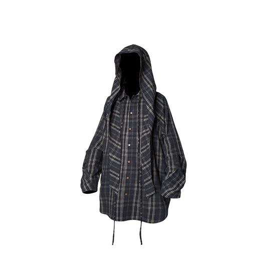 RELABEL Detachable Hood Multi-Zip Plaid Oversized Shirt