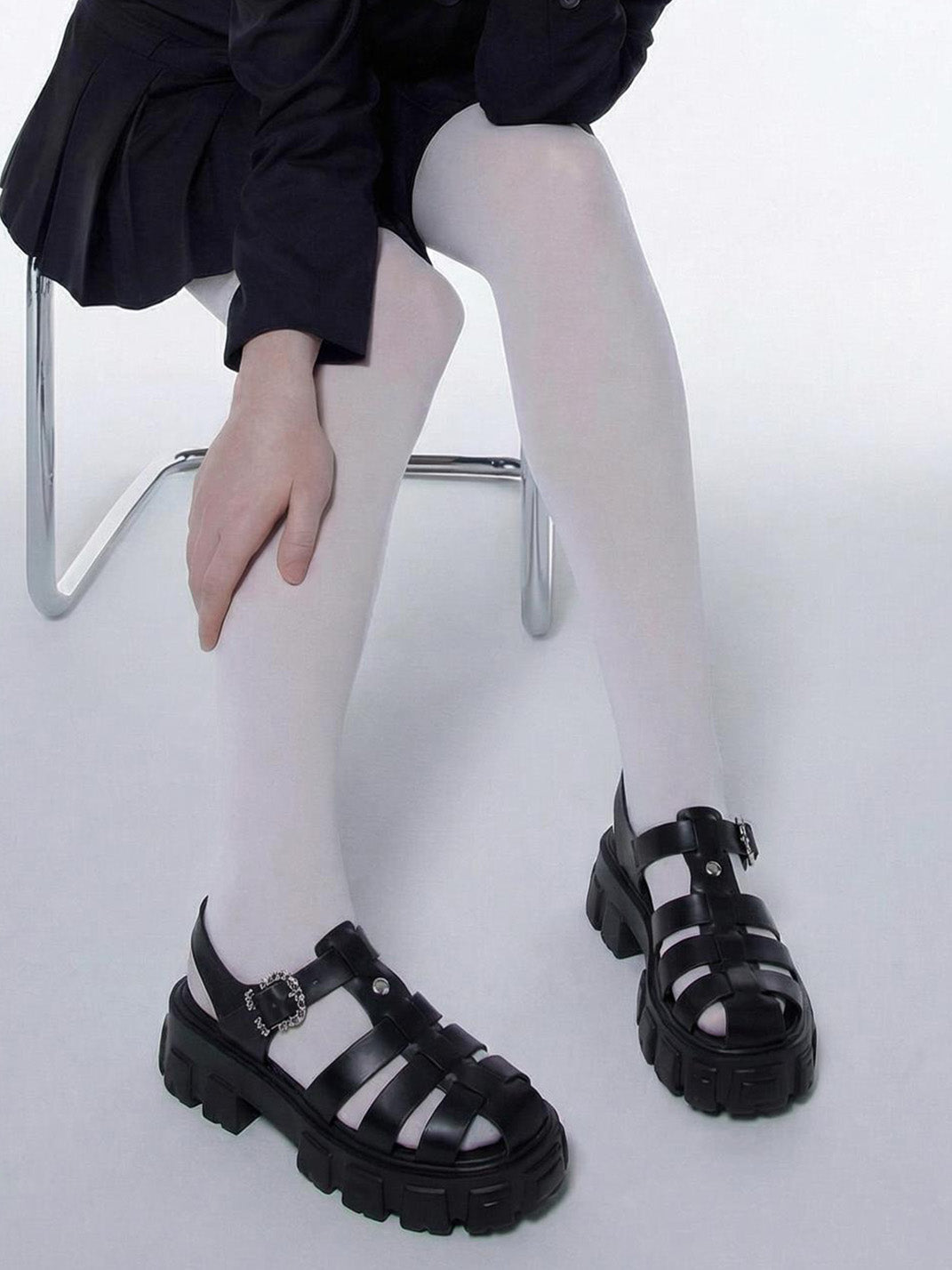 Black Chunky-Heel Roman Platform Sandals