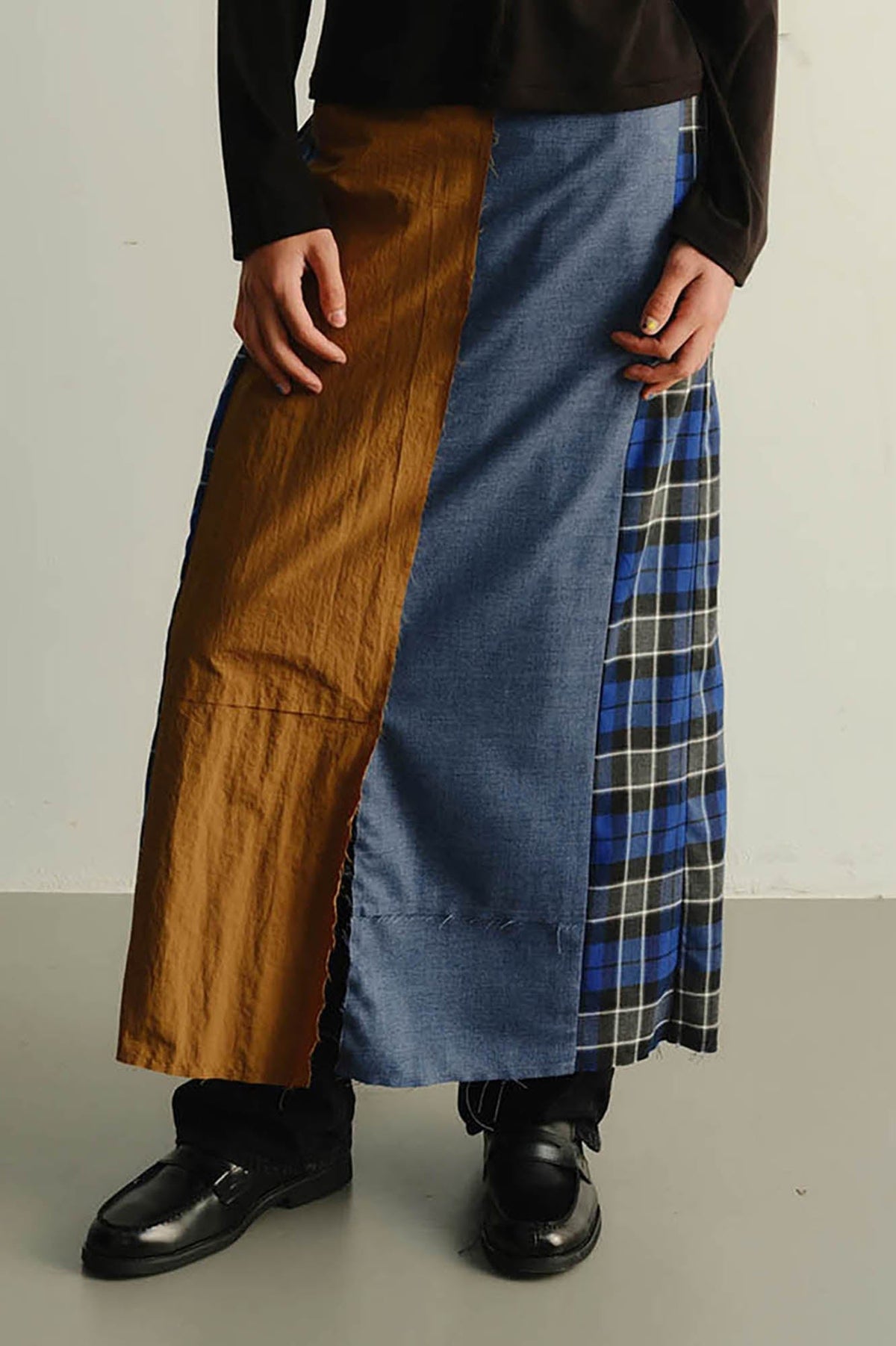 KADAKADA Paneled Reversible Plaid Raw-Edge Maxi Skirt