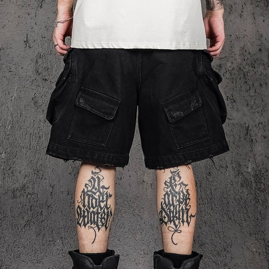 UNDERWATER Layered-Pocket Distressed Denim Shorts