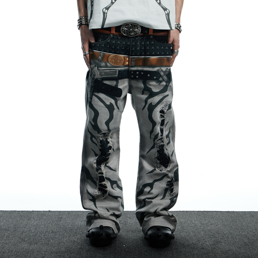 DND4DES Distressed Print Double-Waist Flare Jeans White