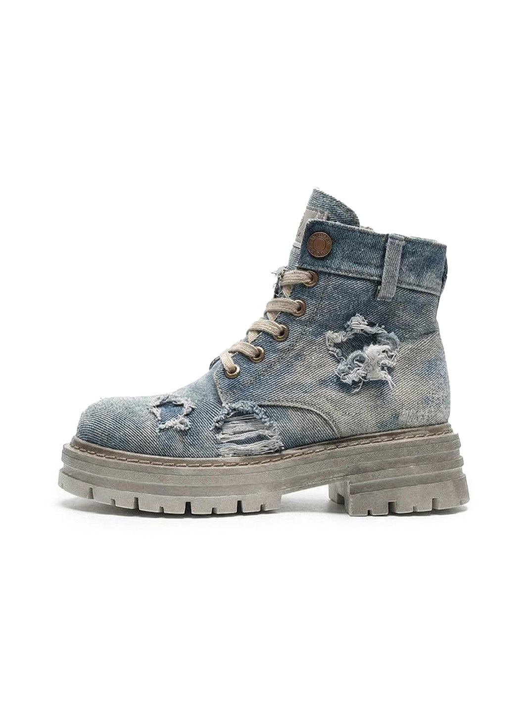 Denim Ripped Platform Boots with Ribbons