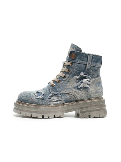 Denim Ripped Platform Boots with Ribbons
