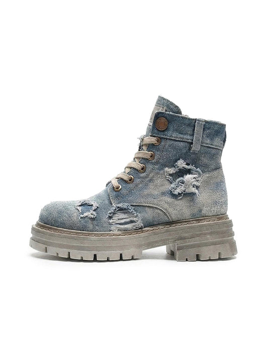 Denim Ripped Platform Boots with Ribbons