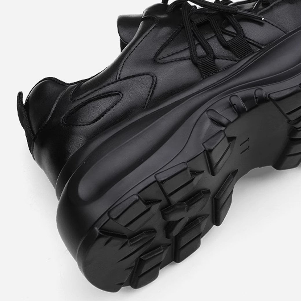 Simple black color thick sole silhouette leather sneakers