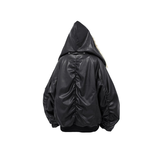 RELABEL Detachable Plush Scarf Ruched Hooded Jacket Black