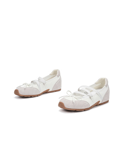 Mary Jane Ballet Sneakers With Bow Lace-Up Detail-White