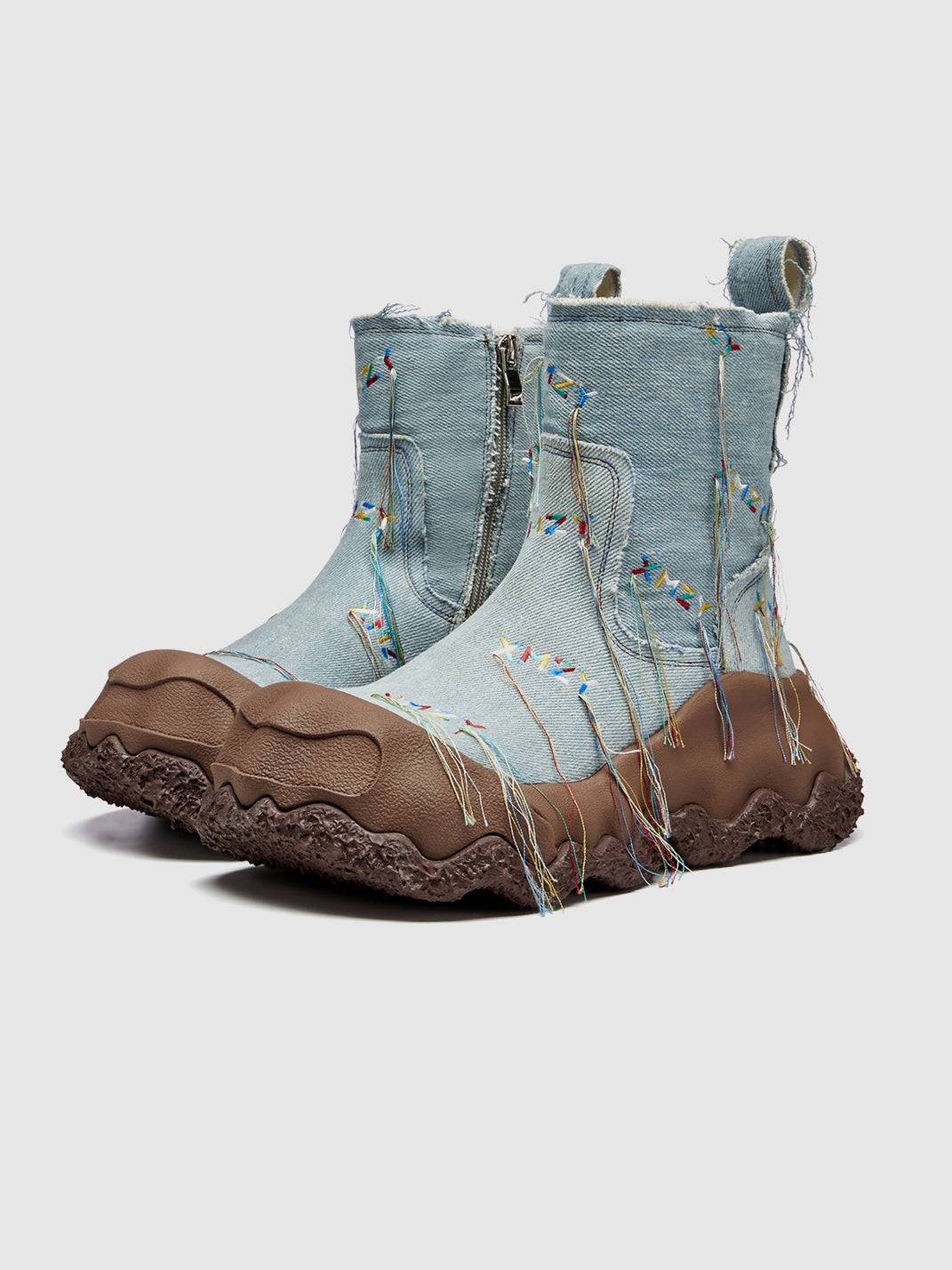 Denim Blue Geometric Planet Fringe Western Ankle Boots