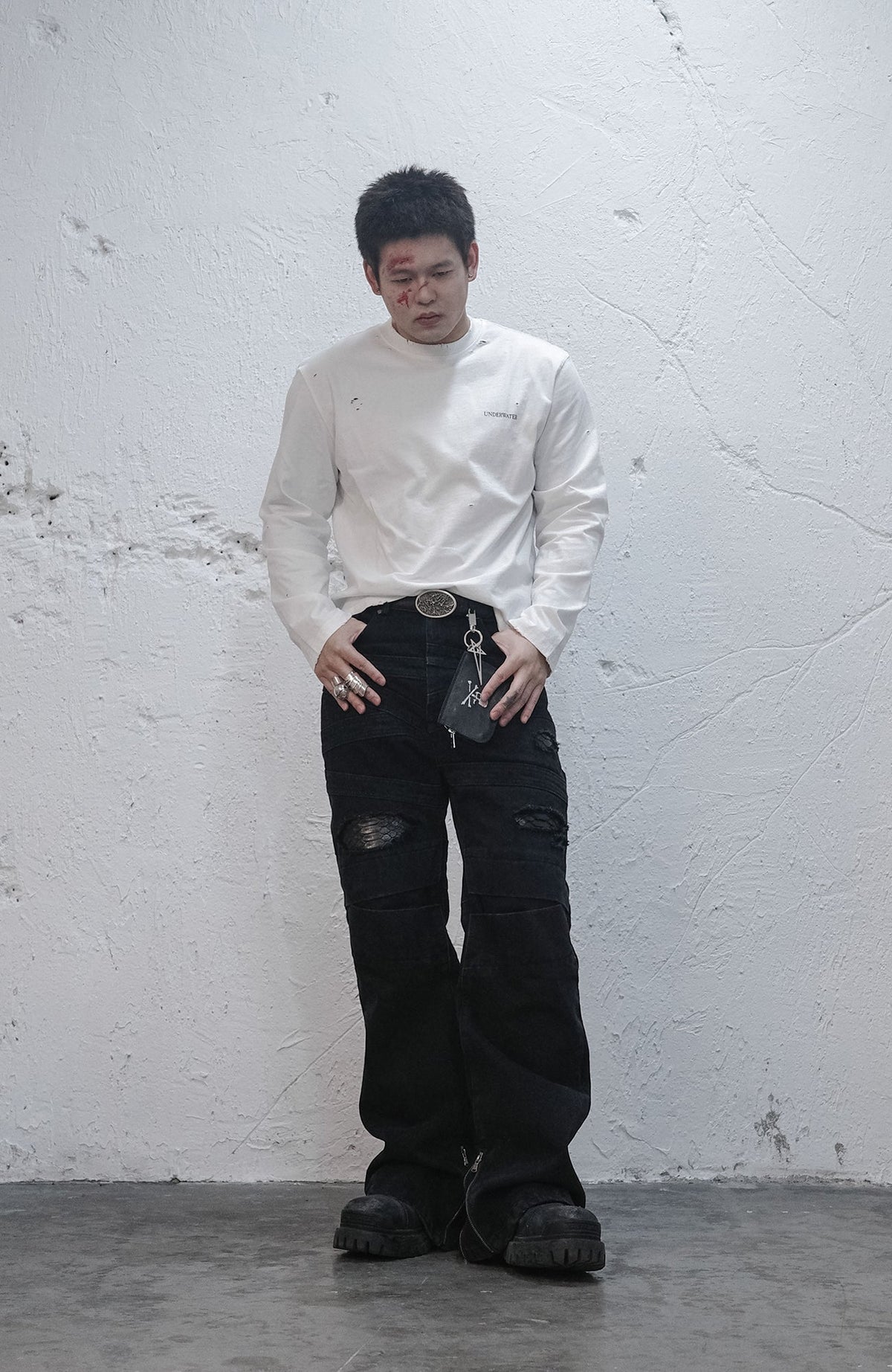 UNDERWATER Demon Slashed Cotton Long Sleeve Tee White