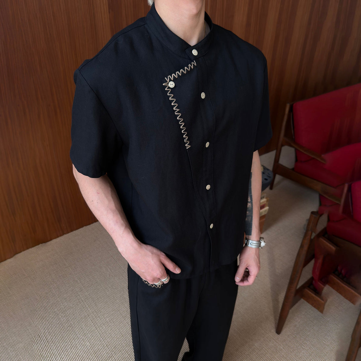 KREATE Stitched Faux-Placket Short Sleeve Shirt