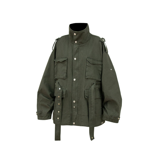RELABEL Retro Multi-Pocket Snap-Hem Convertible Jacket Green