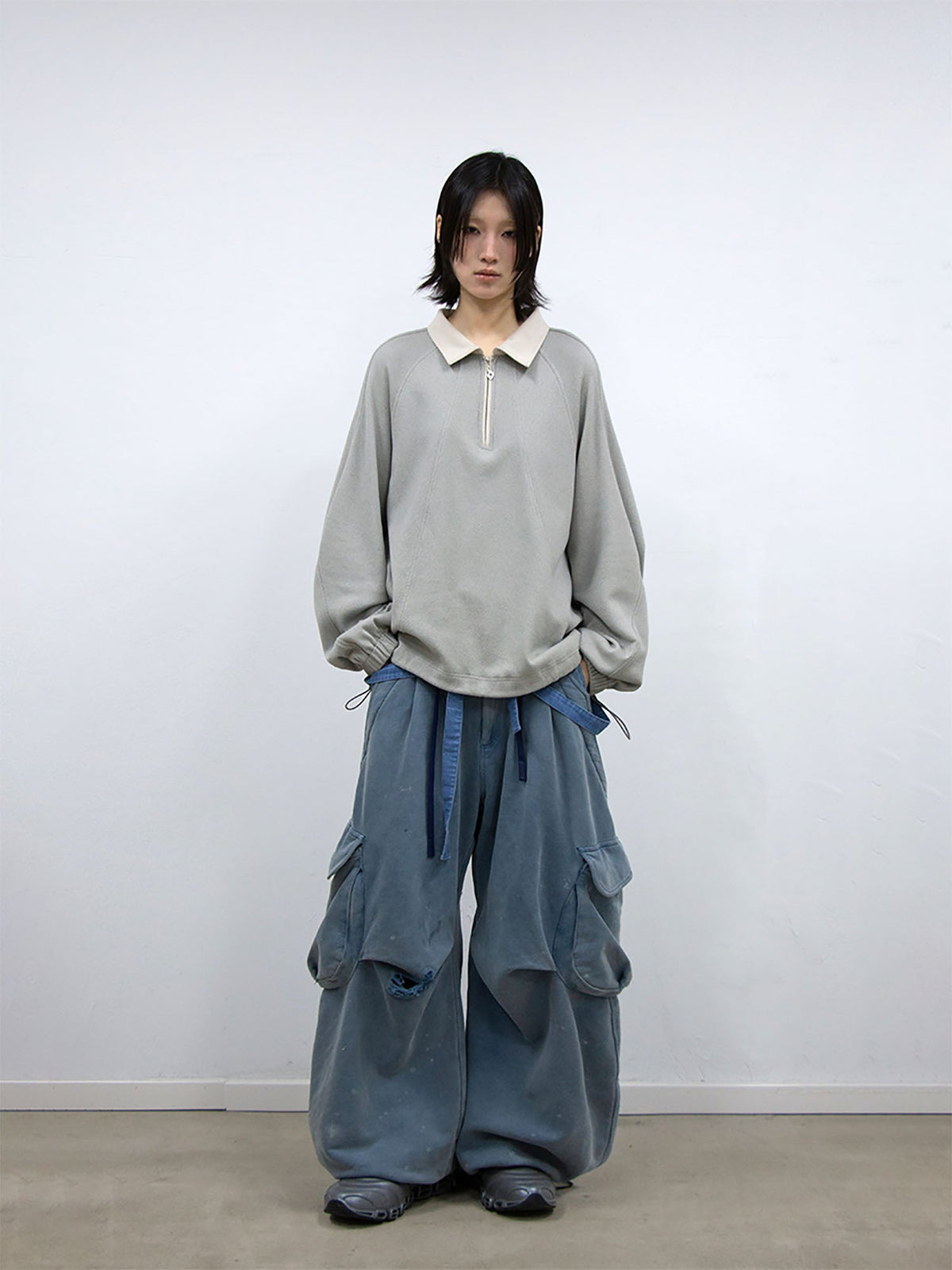 RELABEL Raglan Drawstring-Hem Polo Sweatshirt
