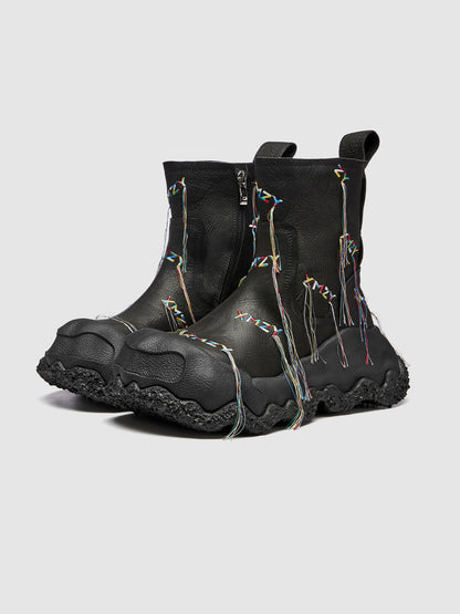 Black Geometric Planet Fringe Western Ankle Boots