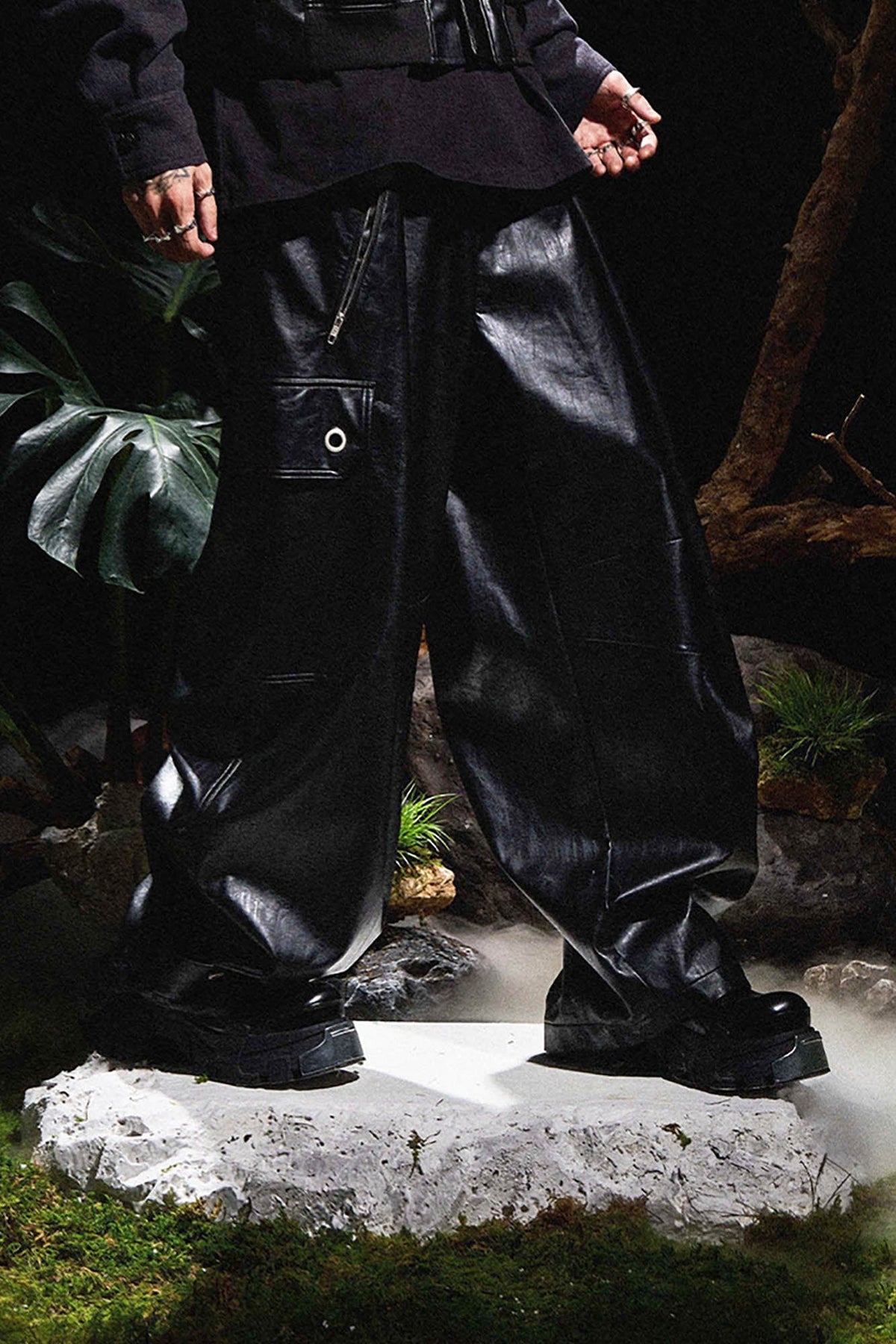 RELABEL Multi-Pocket Pleated Faux Leather Wide-Leg Pants