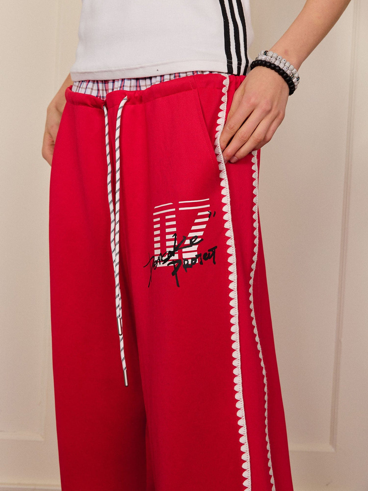 DONSMOKE Plaid Double-Waist Contrast Webbing Sweatpants