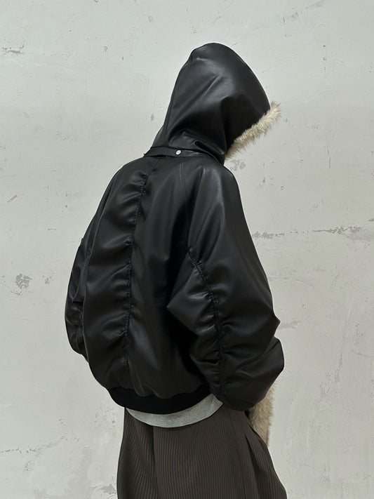 RELABEL Detachable Plush Scarf Ruched Hooded Jacket Black