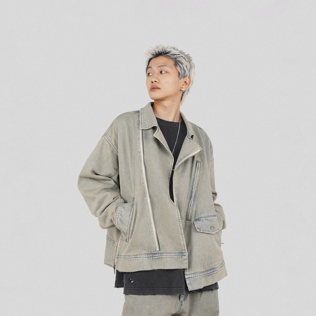 UNDERWATER Acid Wash Zipper Biker Jacket