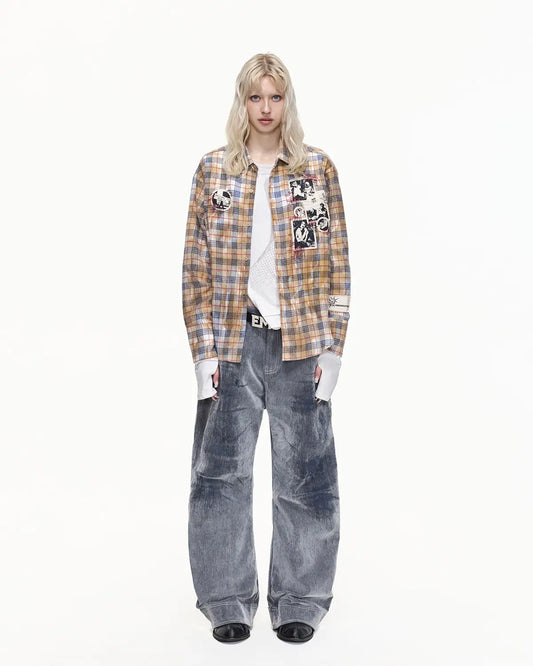 EMO Grunge Patchwork Stain Plaid Shirt