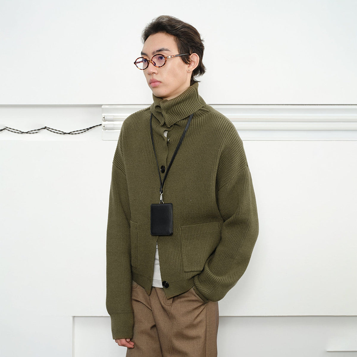 KREATE High-Collar Big-Pocket Button-Up Knitted Jacket