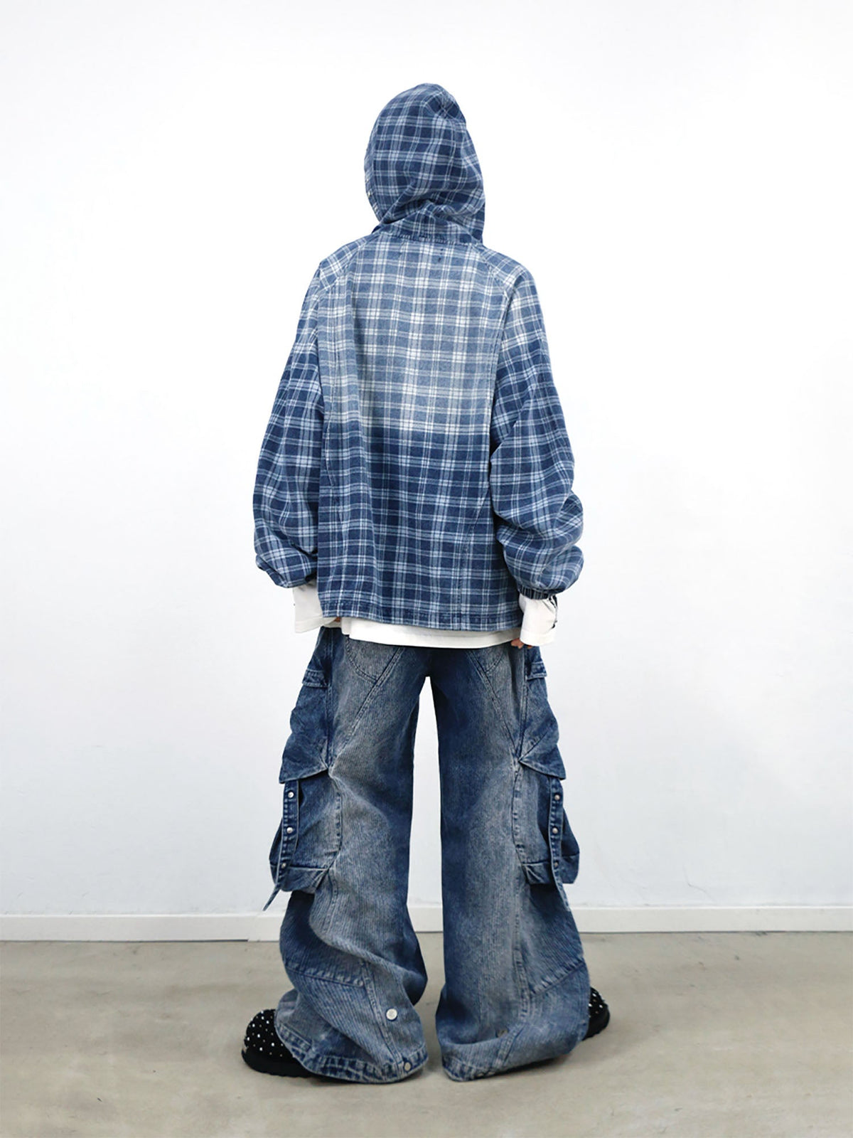 RELABEL Plaid Rivet Paneled Faded Hoodie