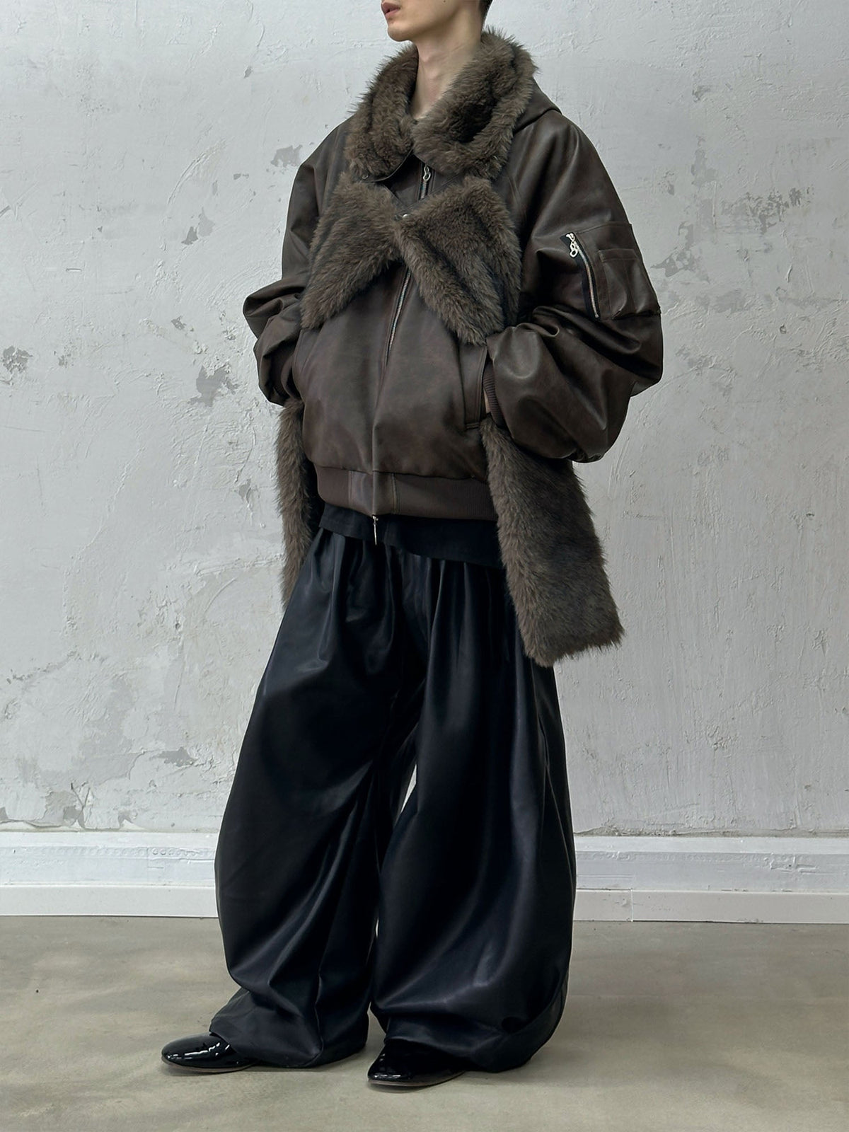 RELABEL Detachable Plush Scarf Ruched Hooded Jacket Brown