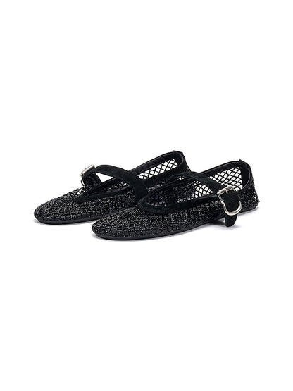 EBLAN Black Woven Mesh Mary Jane Flats