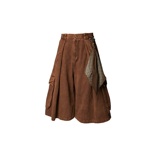 RELABEL Detachable Scarf Washed Multi-Pocket Wide-Leg Shorts