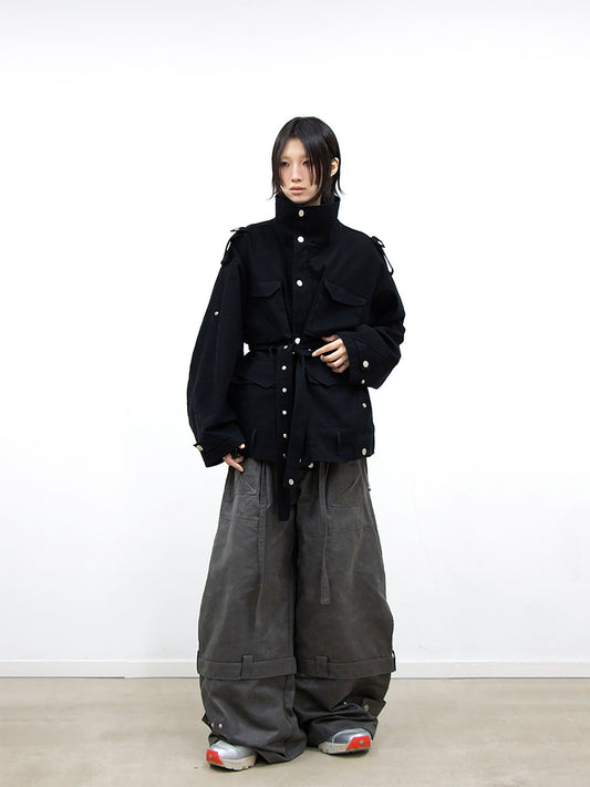 RELABEL Retro Multi-Pocket Snap-Hem Convertible Jacket Black