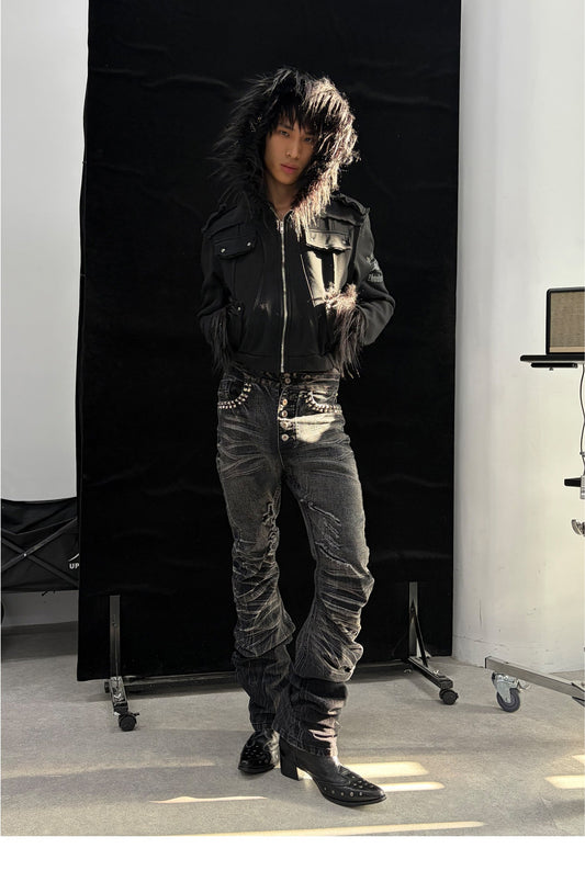Blue Washed Riveted Curved Skinny Jeans