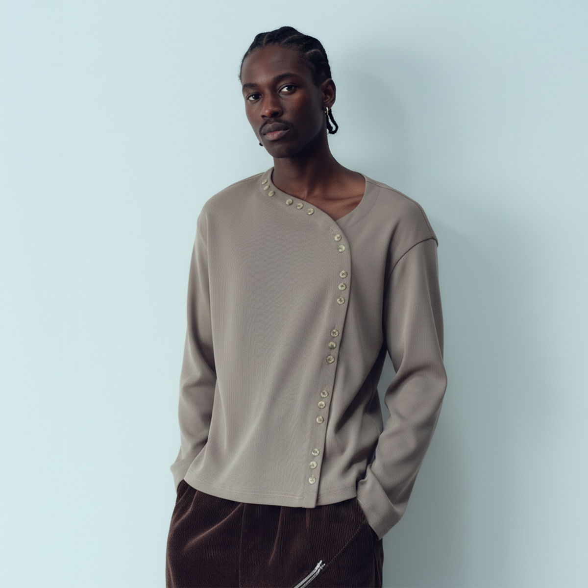 KADAKADA Buttoned Curved Placket Ribbed Knit Top