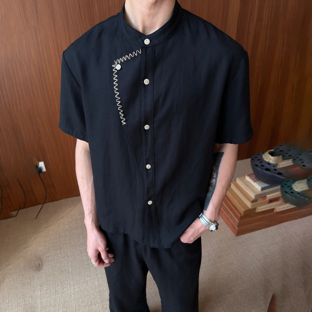 KREATE Stitched Faux-Placket Short Sleeve Shirt