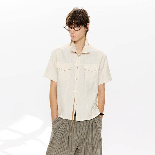KREATE Contrast Collar Linen Half Shirt